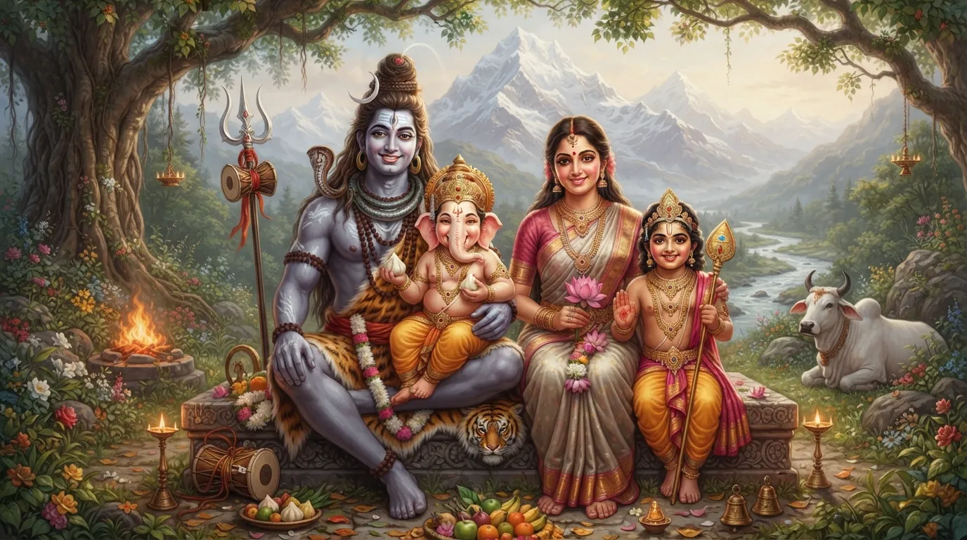 Bholenath and Parvati with their children Ganesha and Kartikeya.