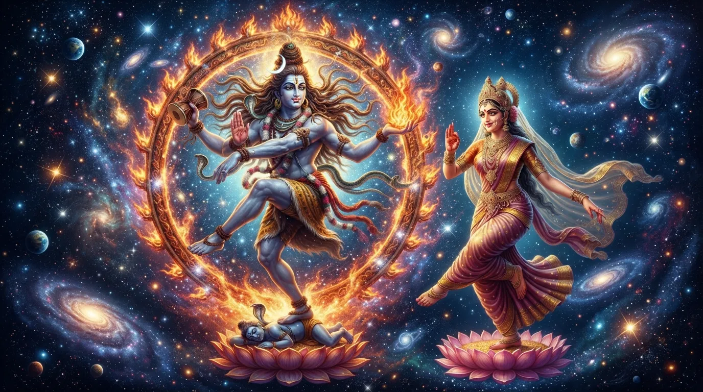 Lord Shiva as Nataraja and Goddess Parvati dancing the cosmic dance.