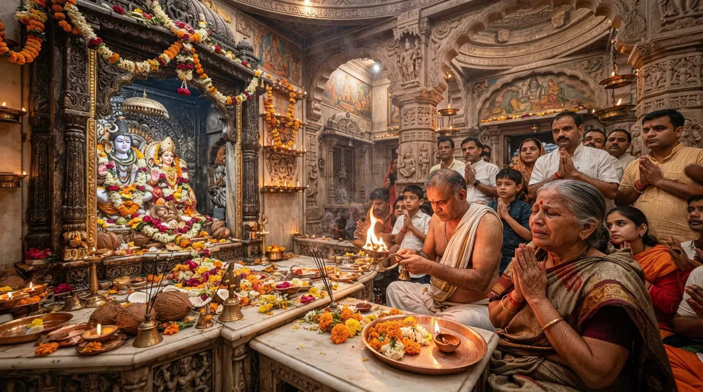 Devotees worshipping Bholenath and Parvati.