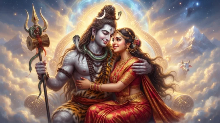 Lord Shiva and Goddess Parvati embracing in a tender moment.