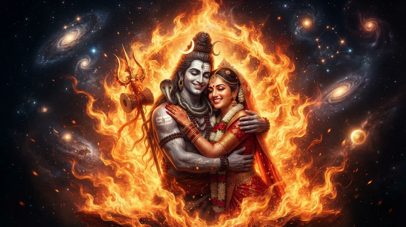 Bholenath and Parvati within a flame symbolizing eternal love.
