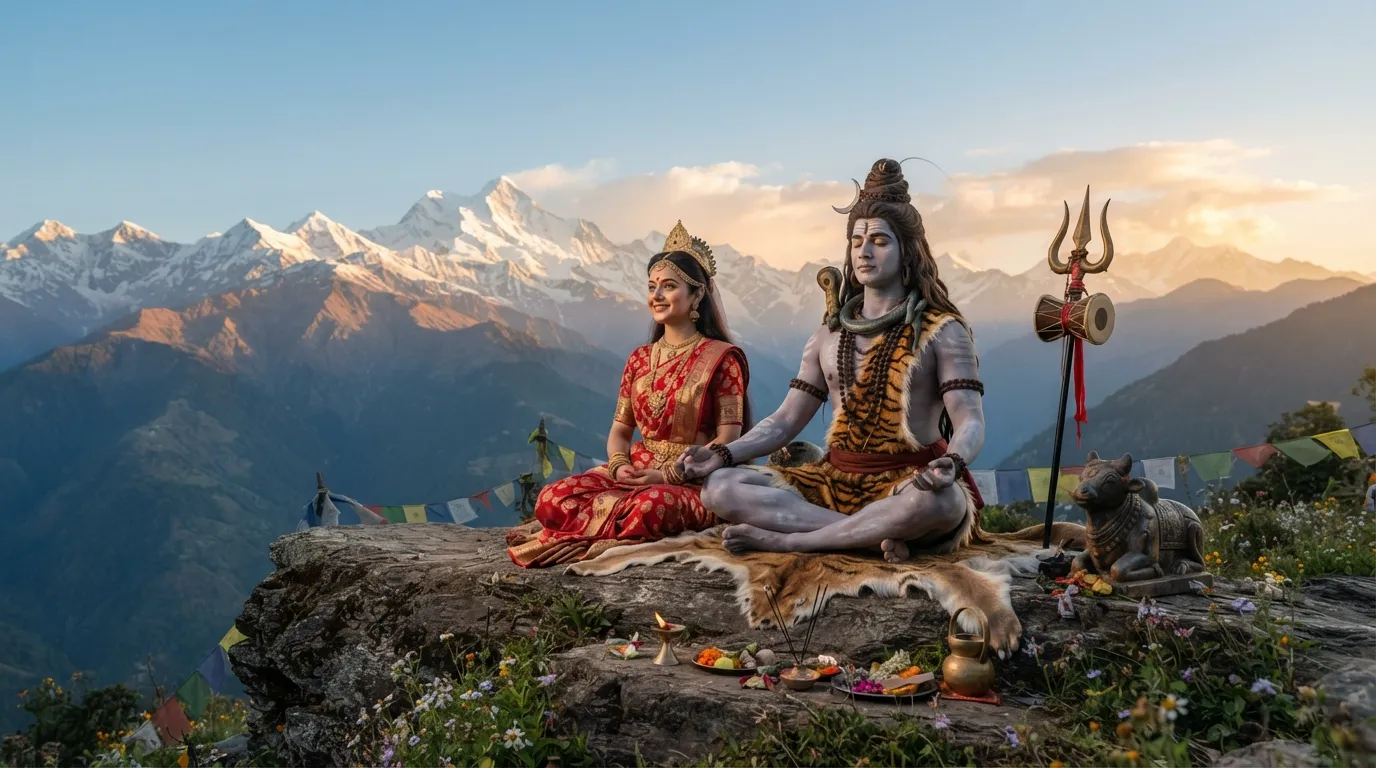 Bholenath and Parvati sitting peacefully amidst the Himalayan mountains.