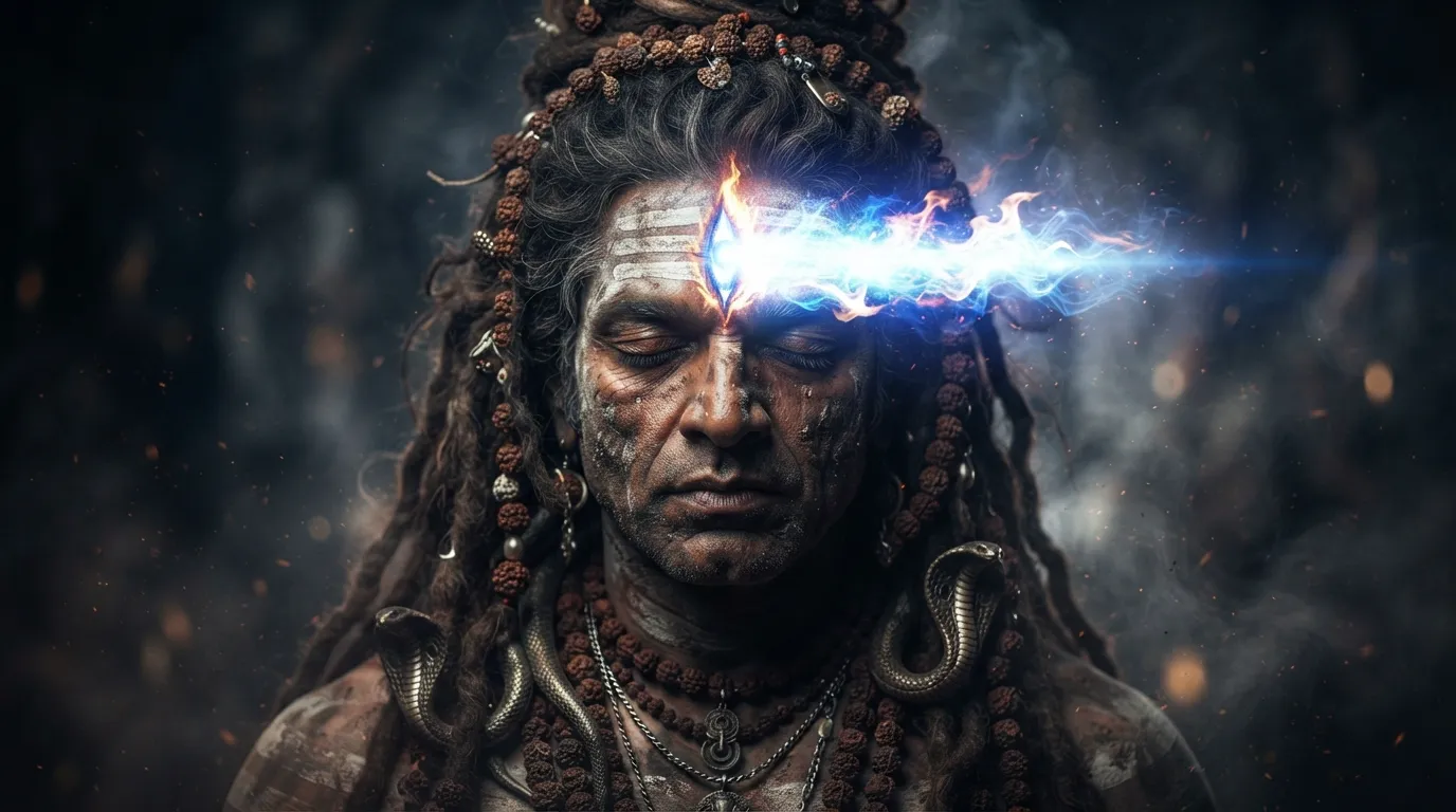 Powerful Bholenath photo wallpaper focusing on his intense opened third eye on his forehead.