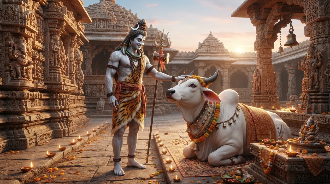 Touching 3D photo of Bholenath with his faithful Vahana, Nandi the bull, in an ancient stone temple.