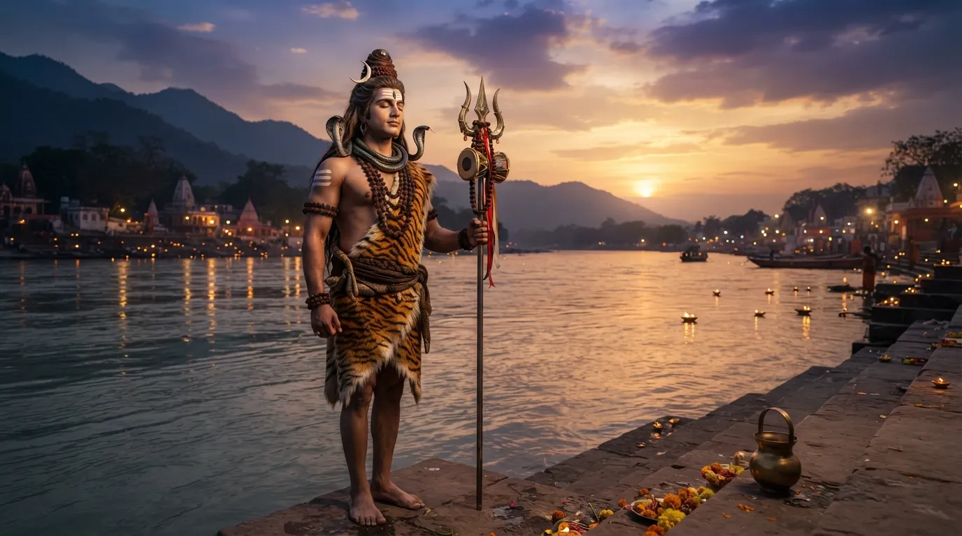 Calm Bholenath photo wallpaper showing Lord Shiva with his Trishul on the banks of the River Ganga at dusk.