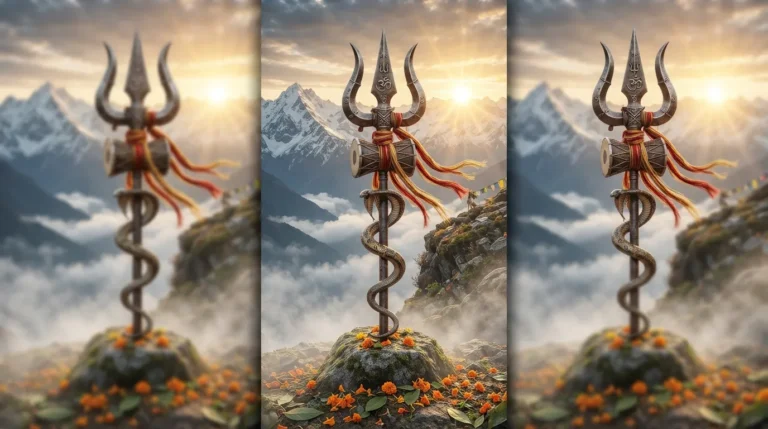 Close up Bholenath photo hd wallpaper with Trishul, Damru, and glowing Rudraksha beads.