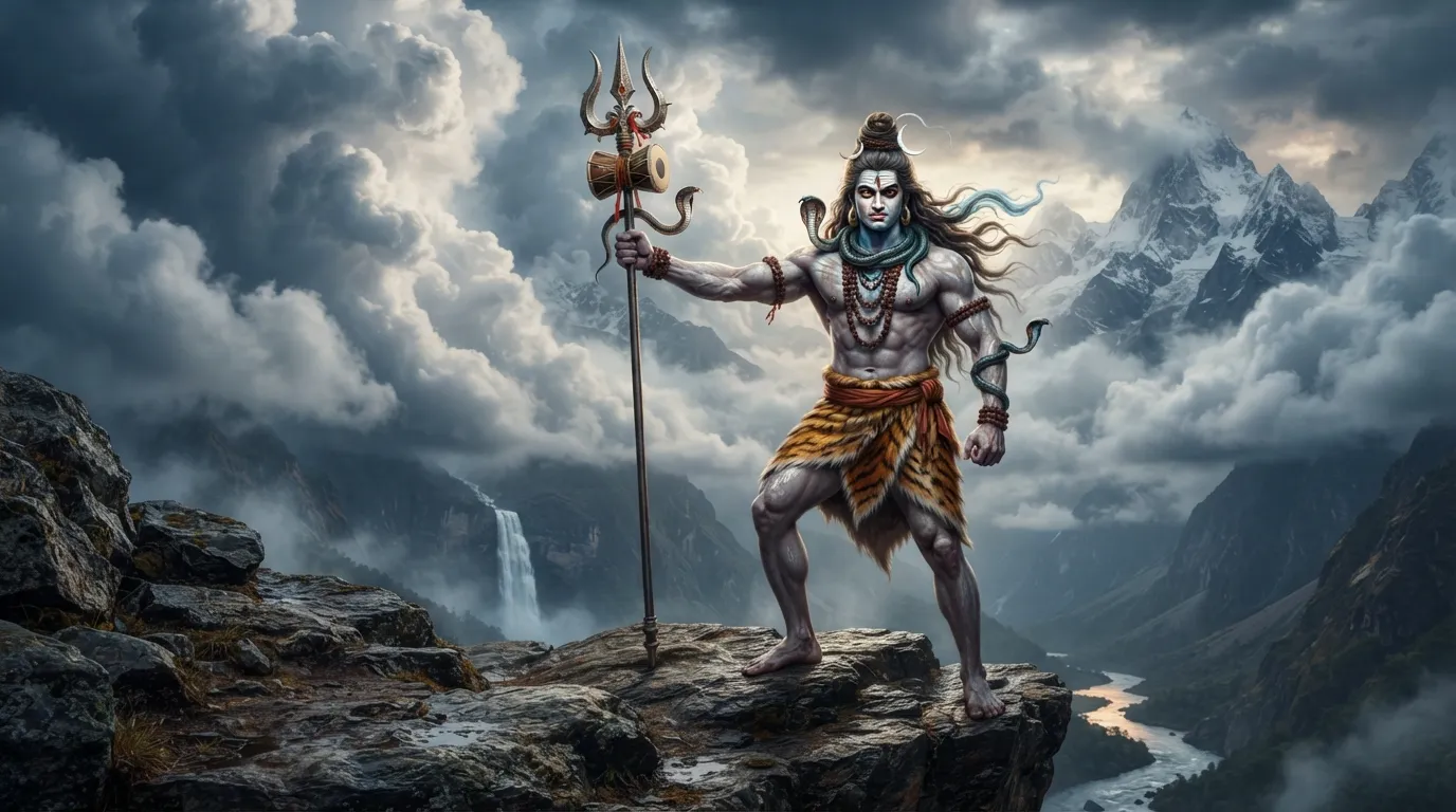 Lord Shiva standing firmly, holding a majestic trident (Trishul) decorated with a damaru.