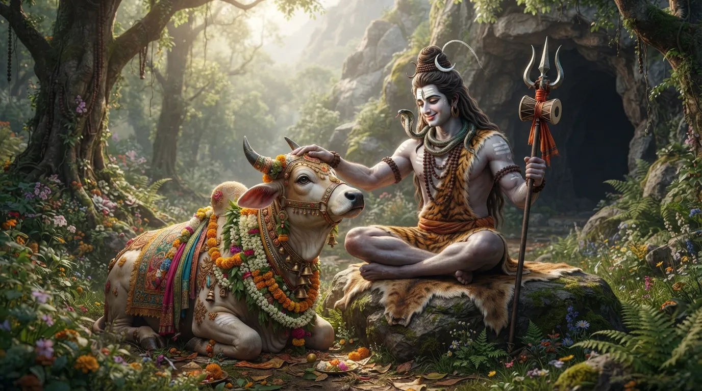 Warm Bholenath photo wallpaper showing Lord Shiva with his faithful companion, Nandi the bull.