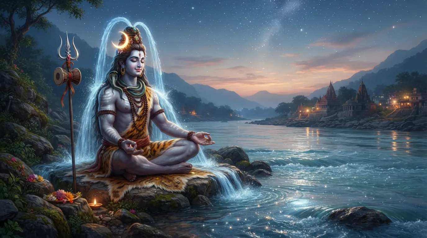 Lord Shiva with a crescent moon in his hair and the River Ganges flowing from his matted locks.