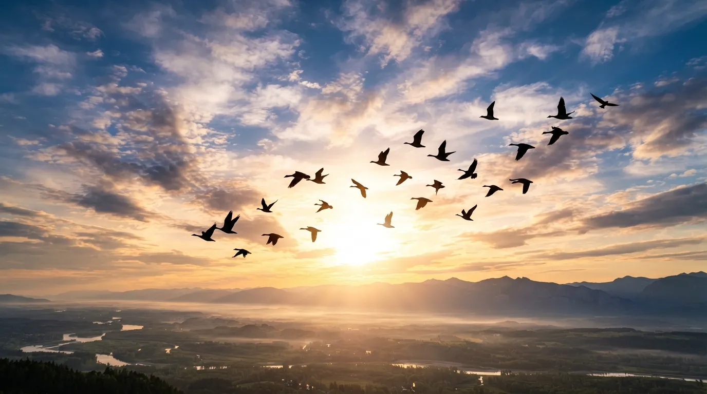 A flock of birds flying freely across a beautiful bright morning sunrise.