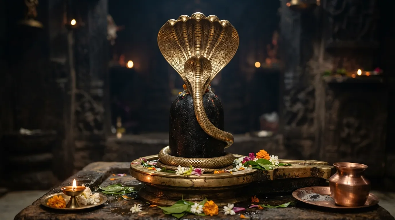 High-resolution image of a traditional black stone Shivling wrapped with a protective brass serpent.
