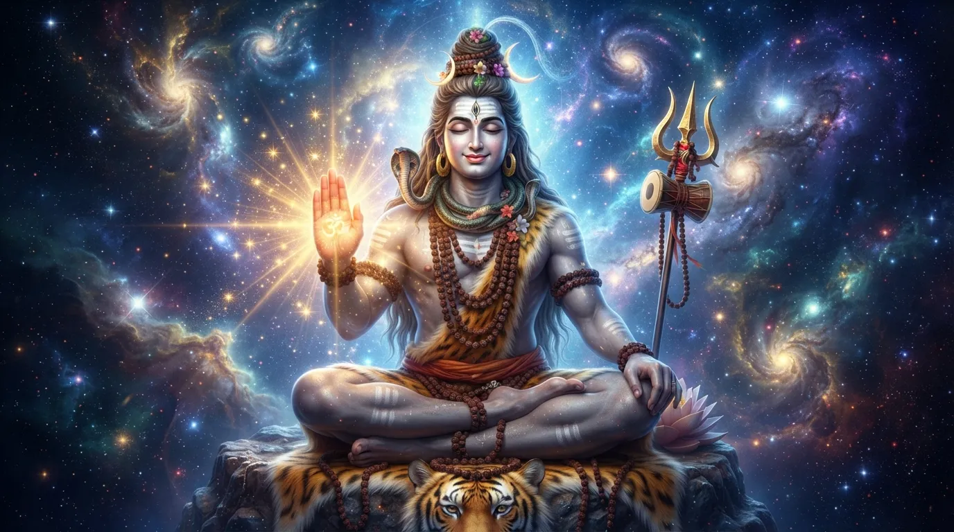 Compassionate Bholenath 3D photo giving blessings to devotees with a glowing blue background.