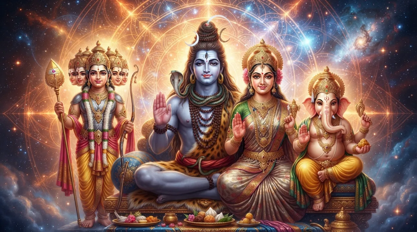 Bholenath family giving blessings with a golden aura background