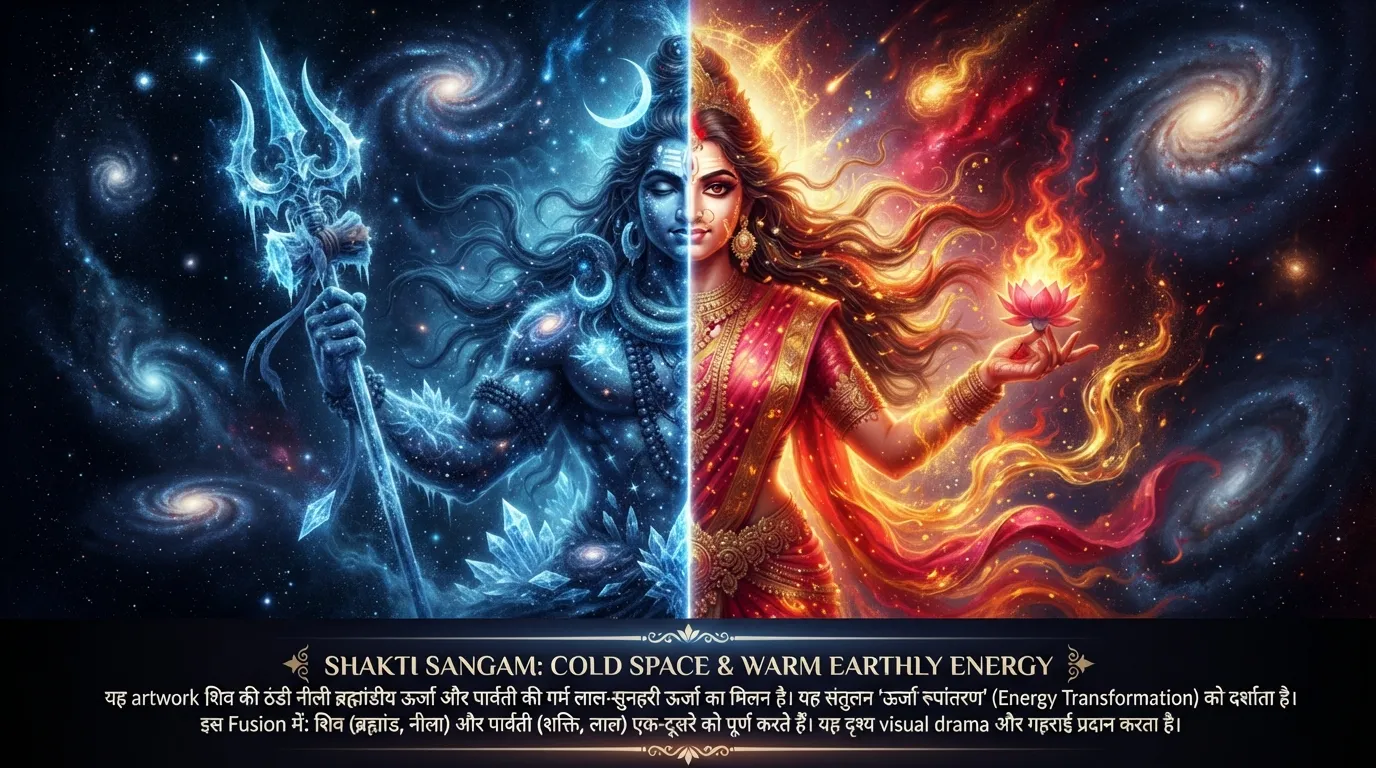 Split contrast art of Shiva as blue space nebula and Parvati as warm crimson energy