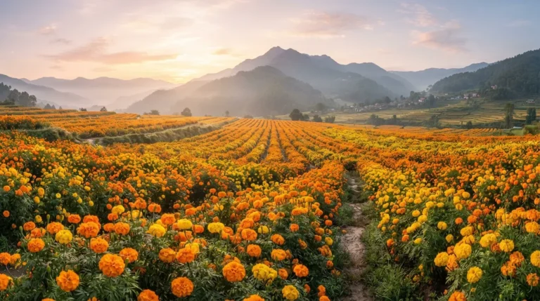 Wide field of blooming orange marigold flowers under soft morning light