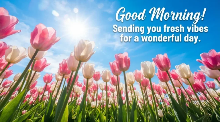 Bunch of colorful spring tulips under bright morning sun with English text.
