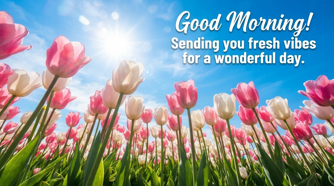 Bunch of colorful spring tulips under bright morning sun with English text.