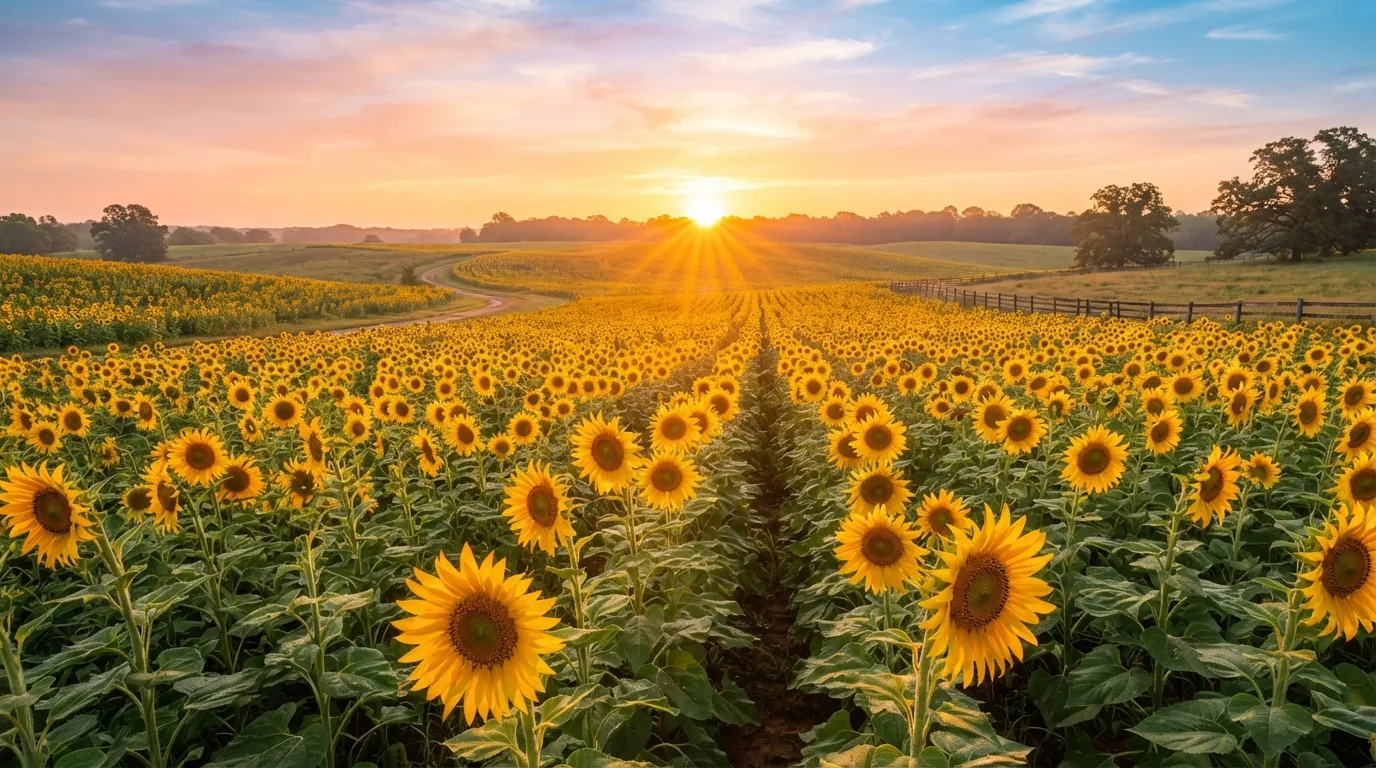 A vibrant sunflower field under a bright morning sun for a joyful good morning wish.
