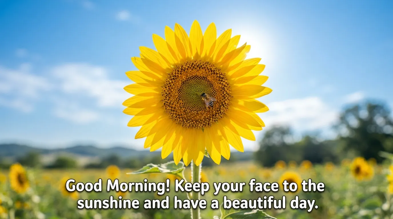Special beautiful good morning images with a bright yellow sunflower facing the sun.