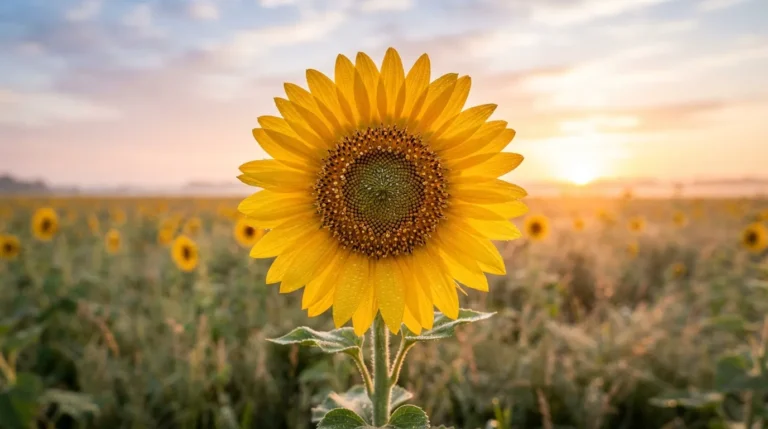 A single large, vibrant yellow sunflower blooming and facing towards the bright rising morning sun.