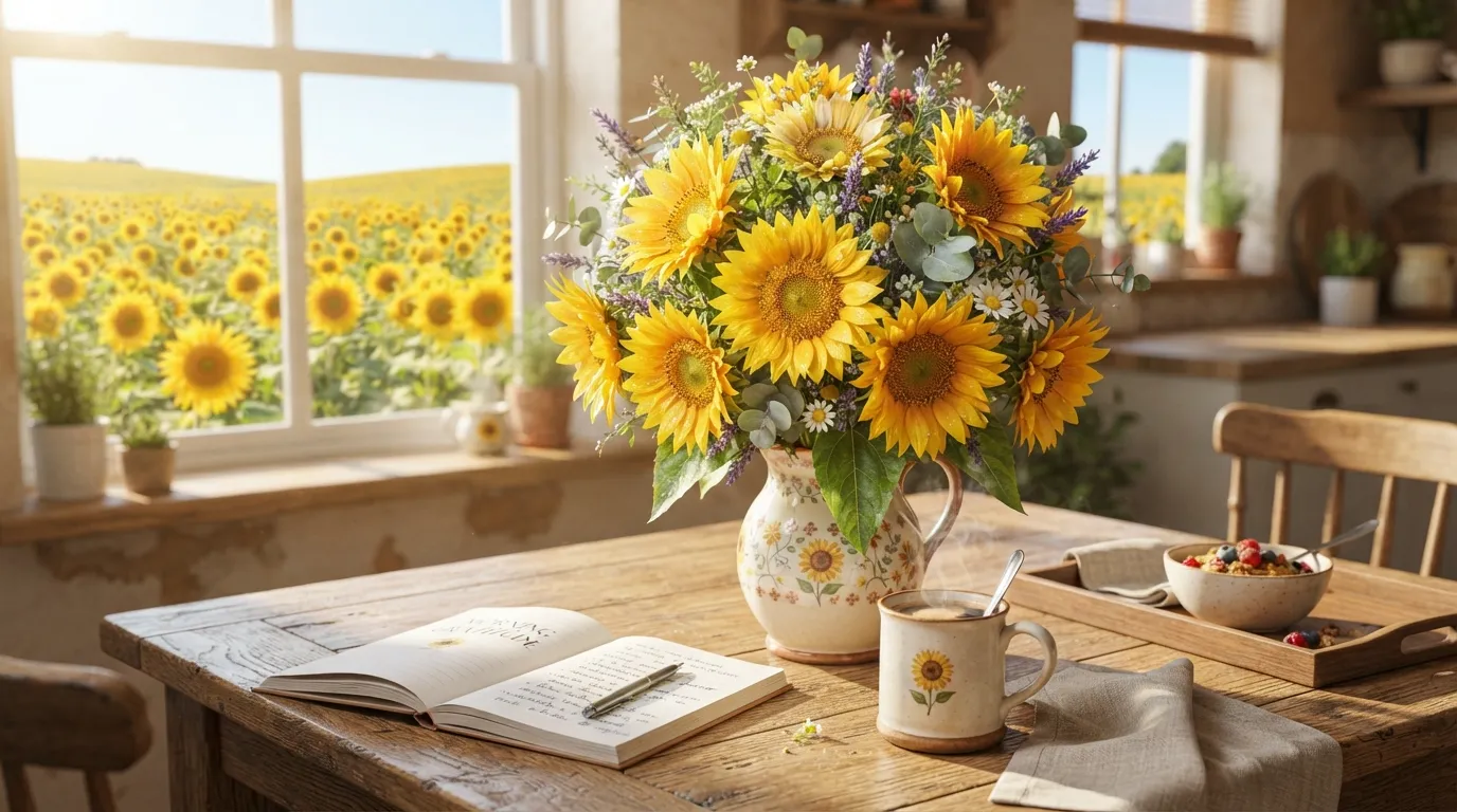 Bright yellow sunflower blooming under clear morning sky