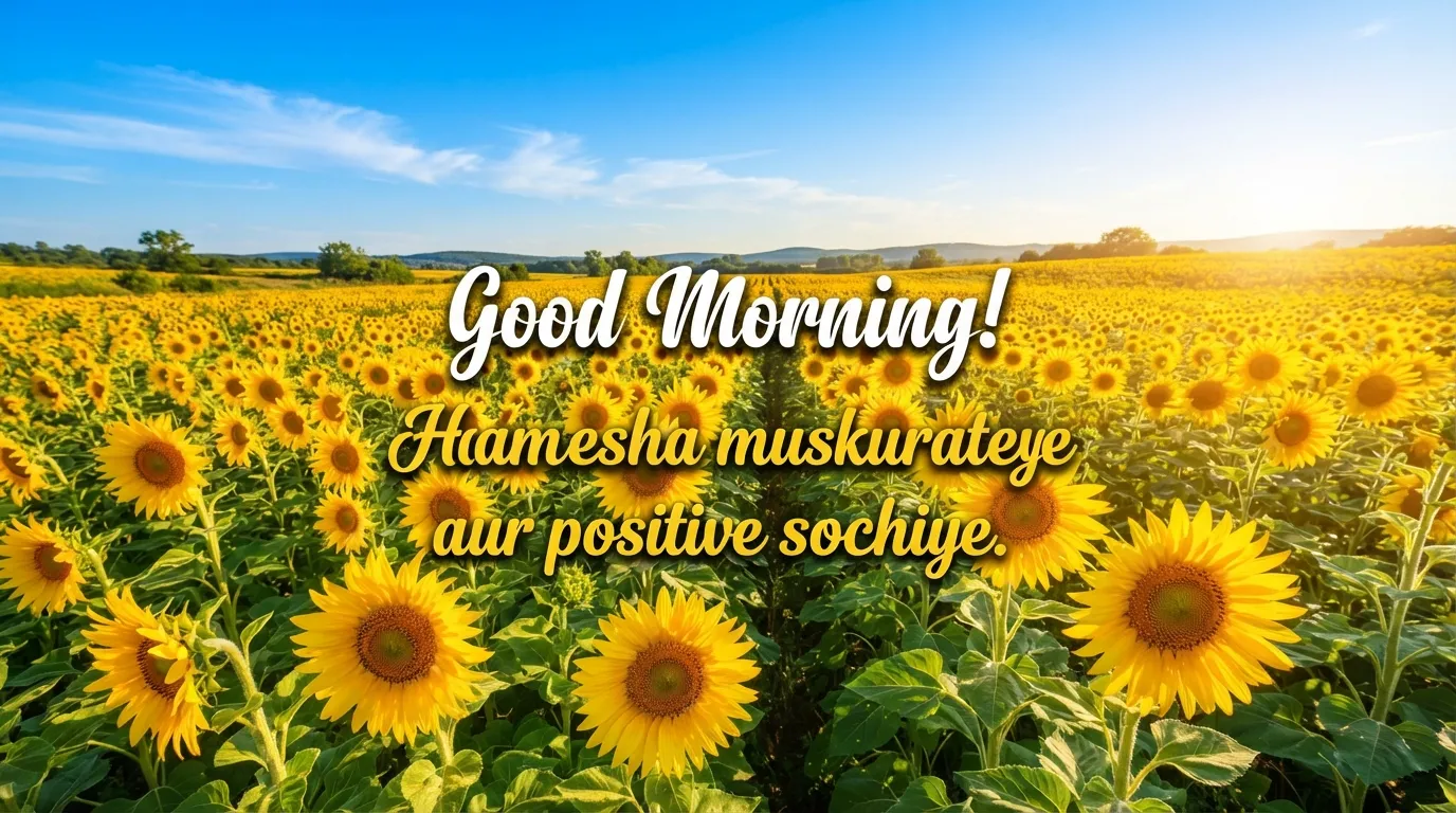 Bright yellow sunflowers under blue sky good morning image in Hindi