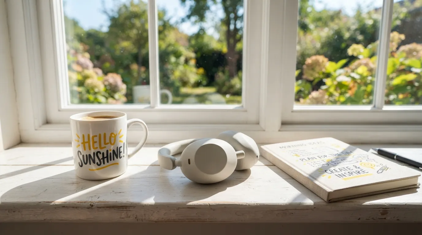 Sunny window with a cup of tea, headphones, and Good Morning Good Looks text.
