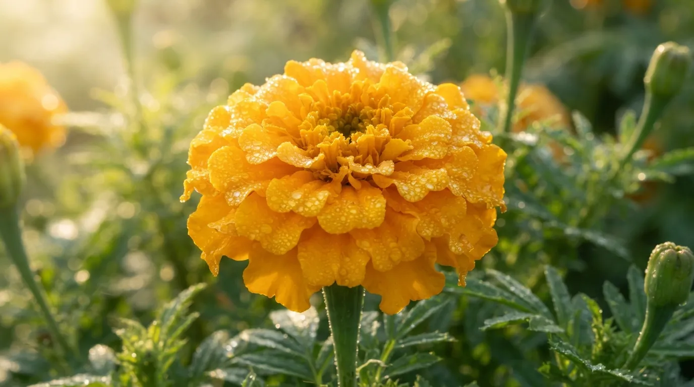 Bright yellow marigold flower with fresh morning dew drops close up