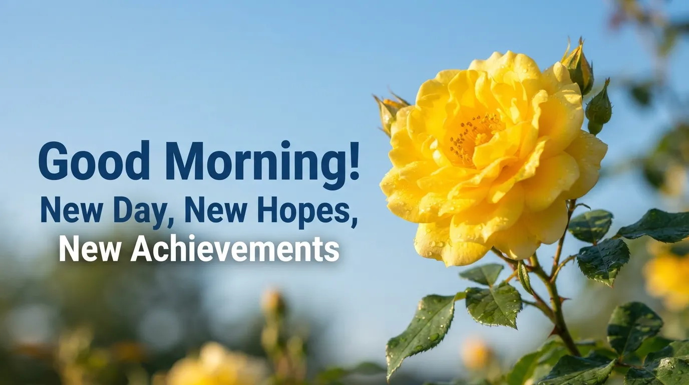 Vibrant yellow rose under morning sun with a motivational English quote.
