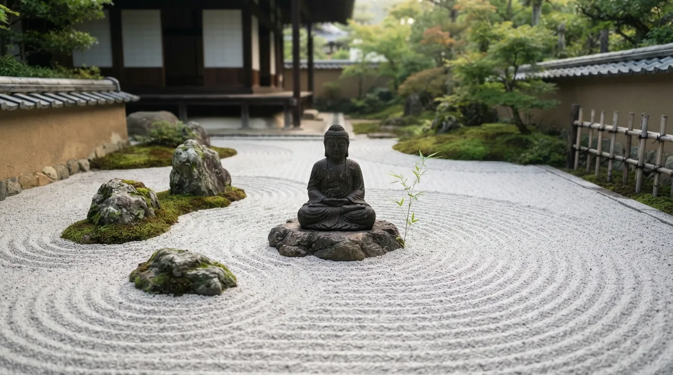 Miniature Buddha statue in a serene Zen garden with raked sand and stones.