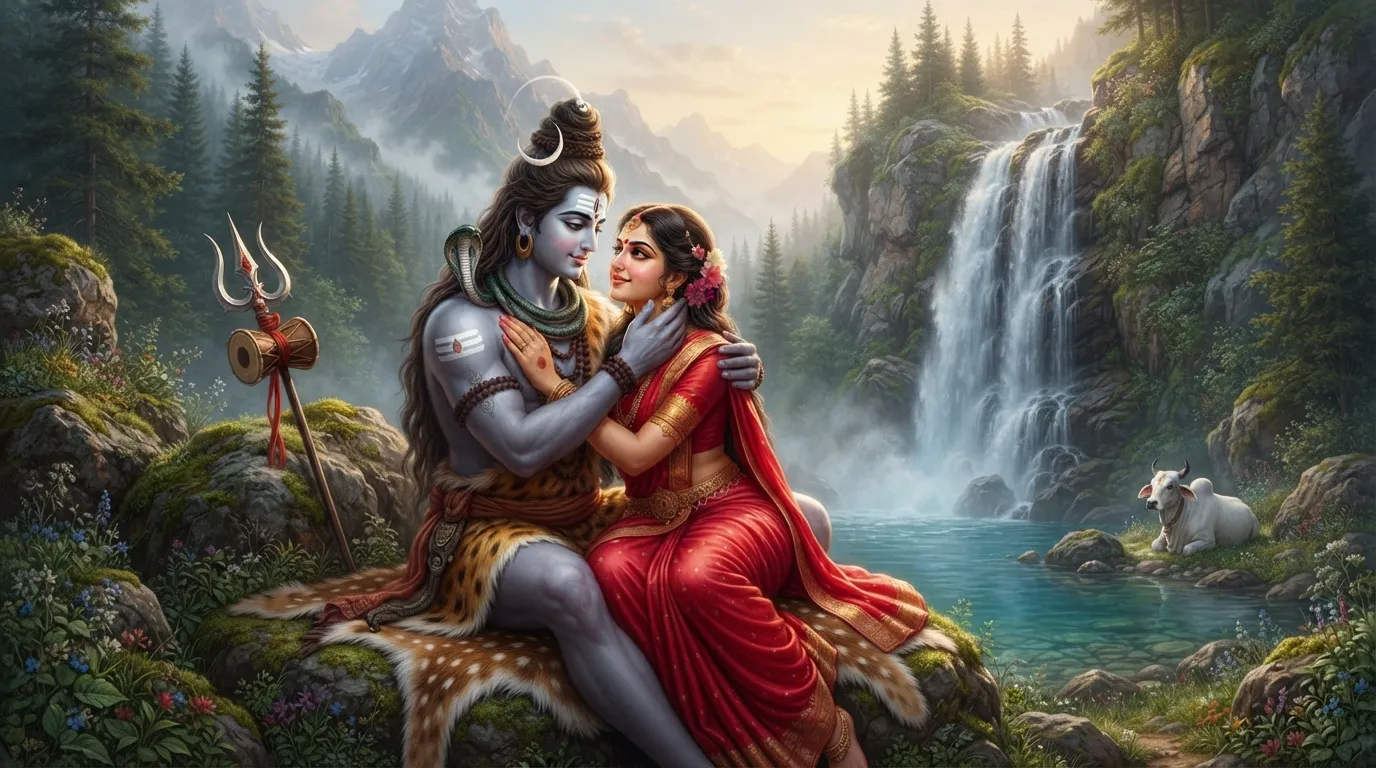 Shiv and Parvati gazing into each other's eyes, exuding deep love and spiritual connection.