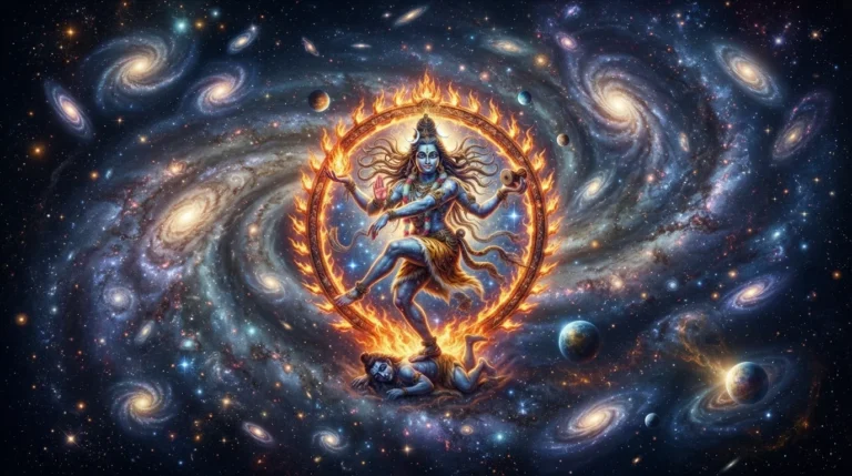 Digital art of Lord Nataraja dancing amidst a vibrant galaxy and stars.