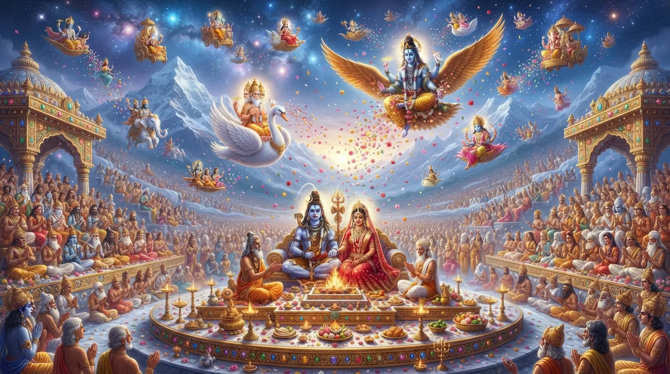 A panoramic view of various Hindu deities, including Lord Brahma, Lord Vishnu, and Lakshmi, seated and witnessing the grand Shiv Parvati wedding.
