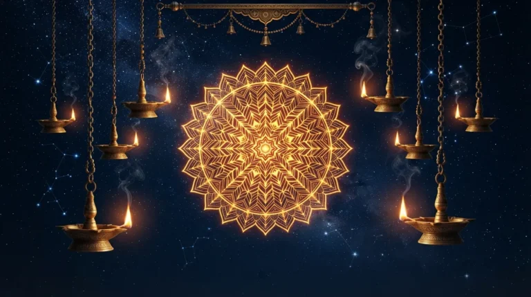 A dark mystical night sky with a glowing geometric mandala and traditional hanging brass lamps.