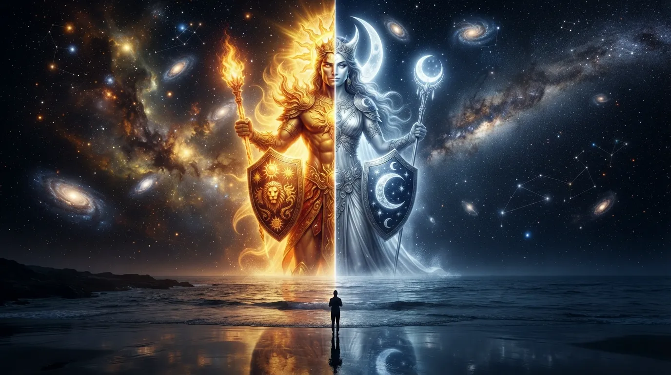 Split divine face with sun and moon elements in a starry galaxy