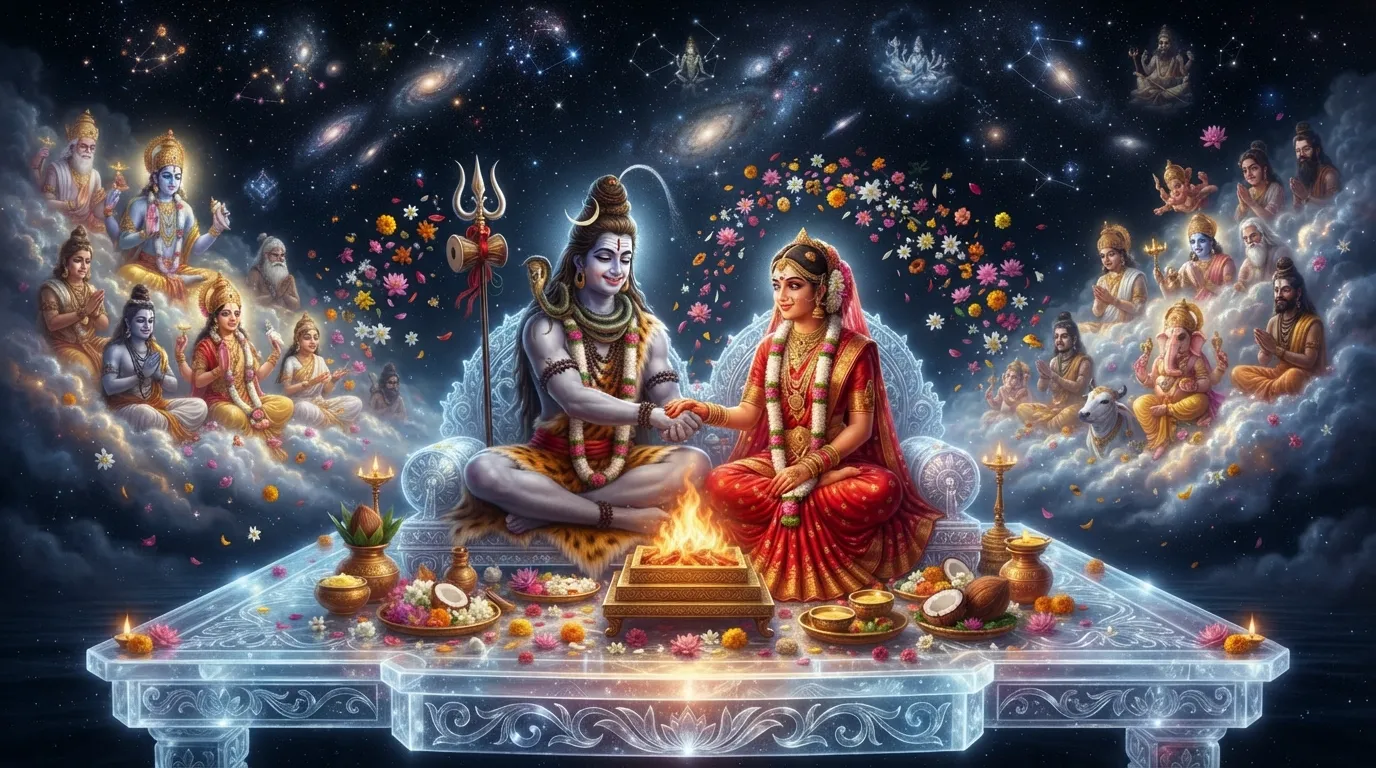 The holy wedding of Shiva and Parvati taking place on a crystalline platform in space surrounded by glowing constellations.