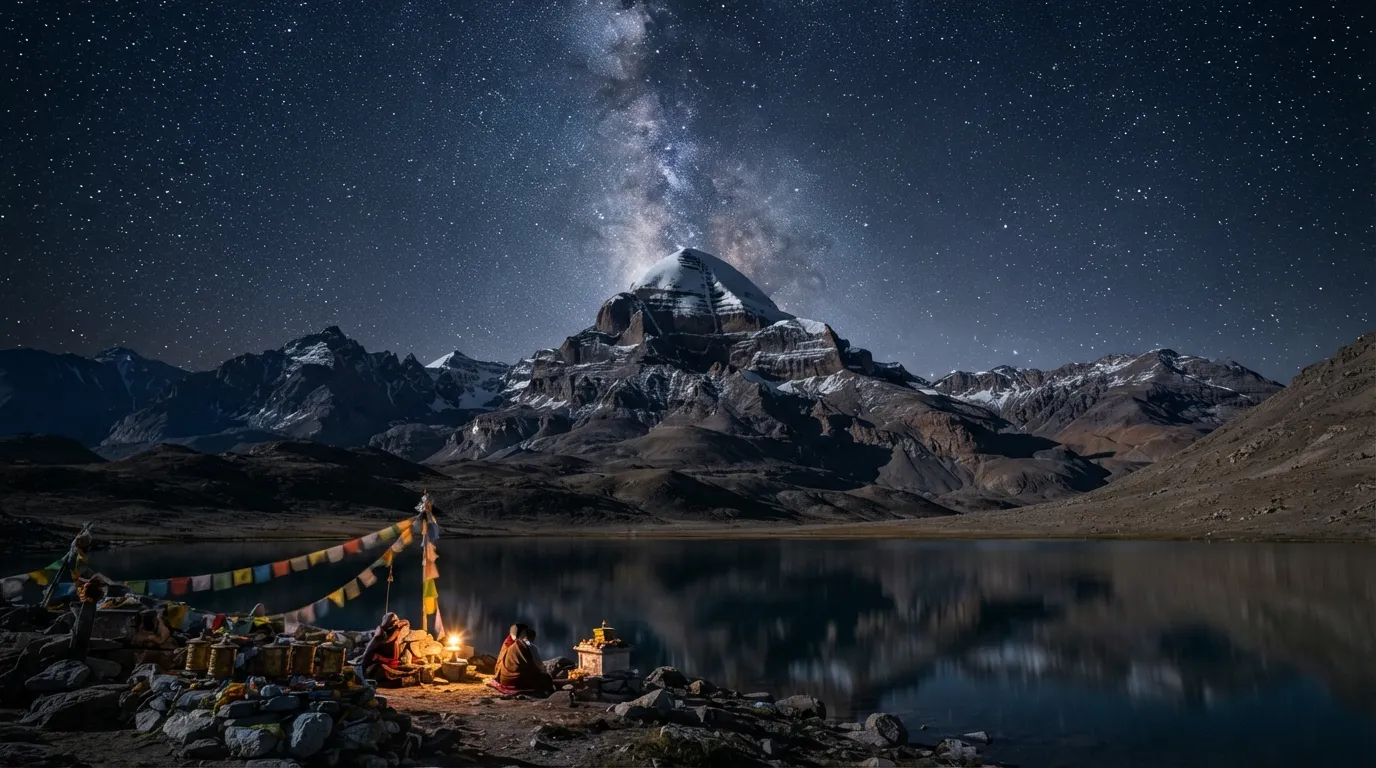 Shivling and Mount Kailash illuminated by moonlight, with the Milky Way visible.