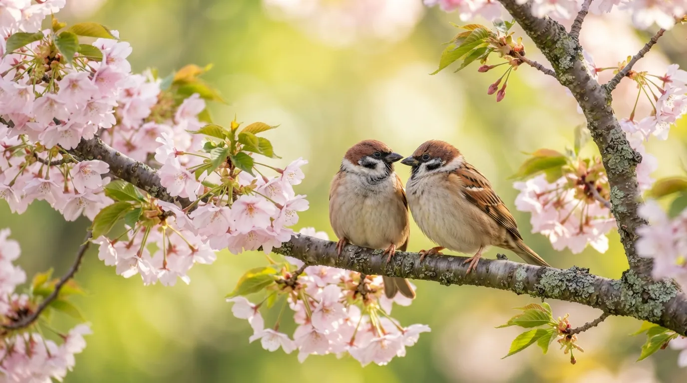 Cute little birds chirping on a blooming flower branch for today good morning images.