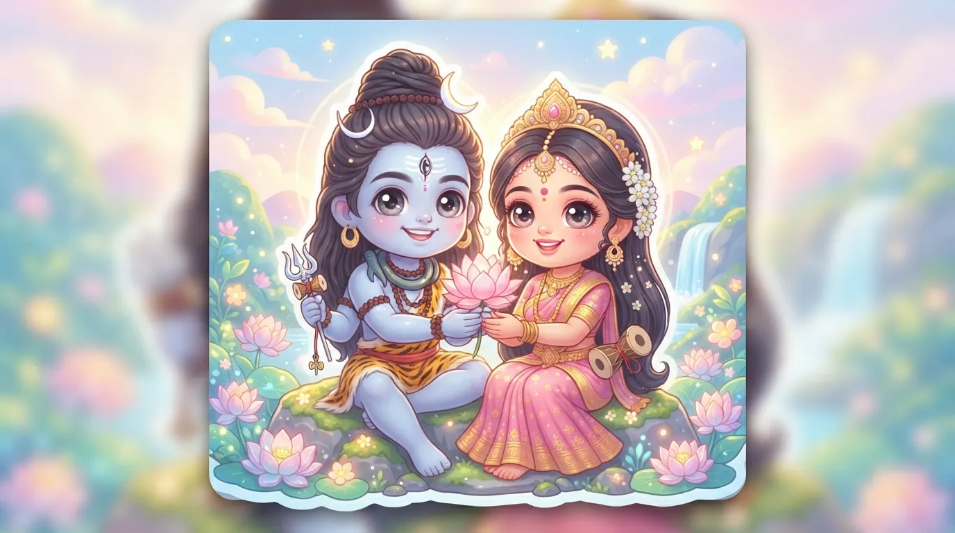 Adorable chibi style sticker art of young Shiva and Parvati holding a small lotus flower.