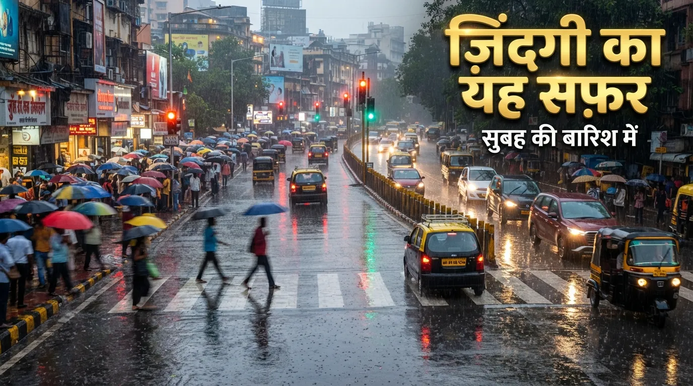 A beautiful view of a city street during morning rain with colorful car lights.