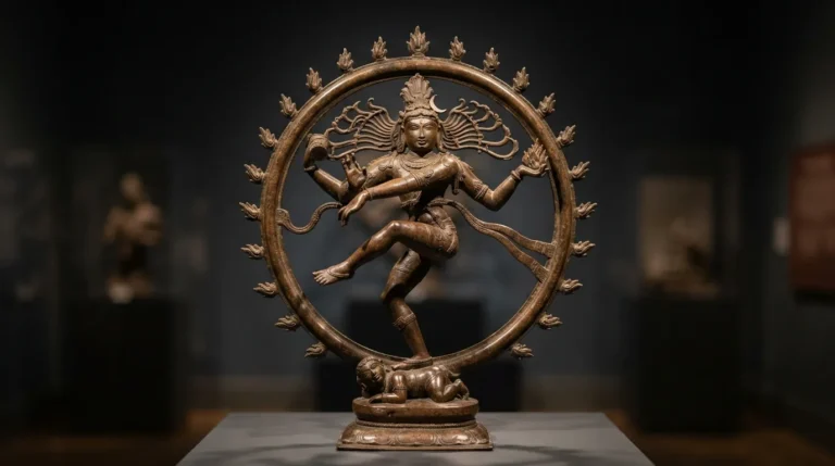 Ancient Chola bronze Nataraja dance image showcasing Lord Shiva performing cosmic Tandava inside a ring of flames.