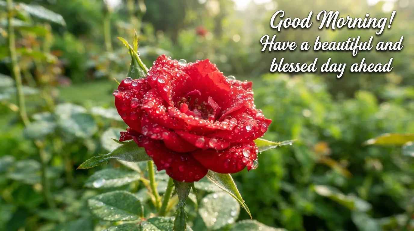 A fresh red rose with morning dew drops and a good morning greeting in English.