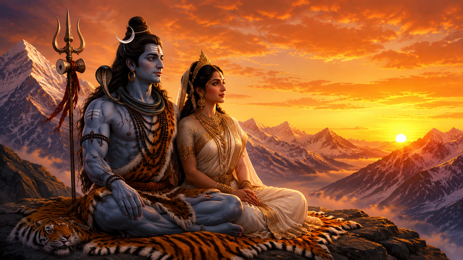 Traditional image of Lord Shiva and Goddess Parvati seated at their Himalayan home during a colorful morning.