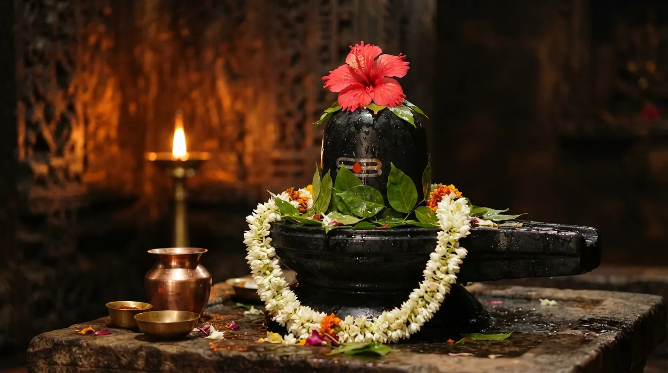 Lord Shiva black stone shivling decorated with fresh flowers and water drops close up view inside a temple.
