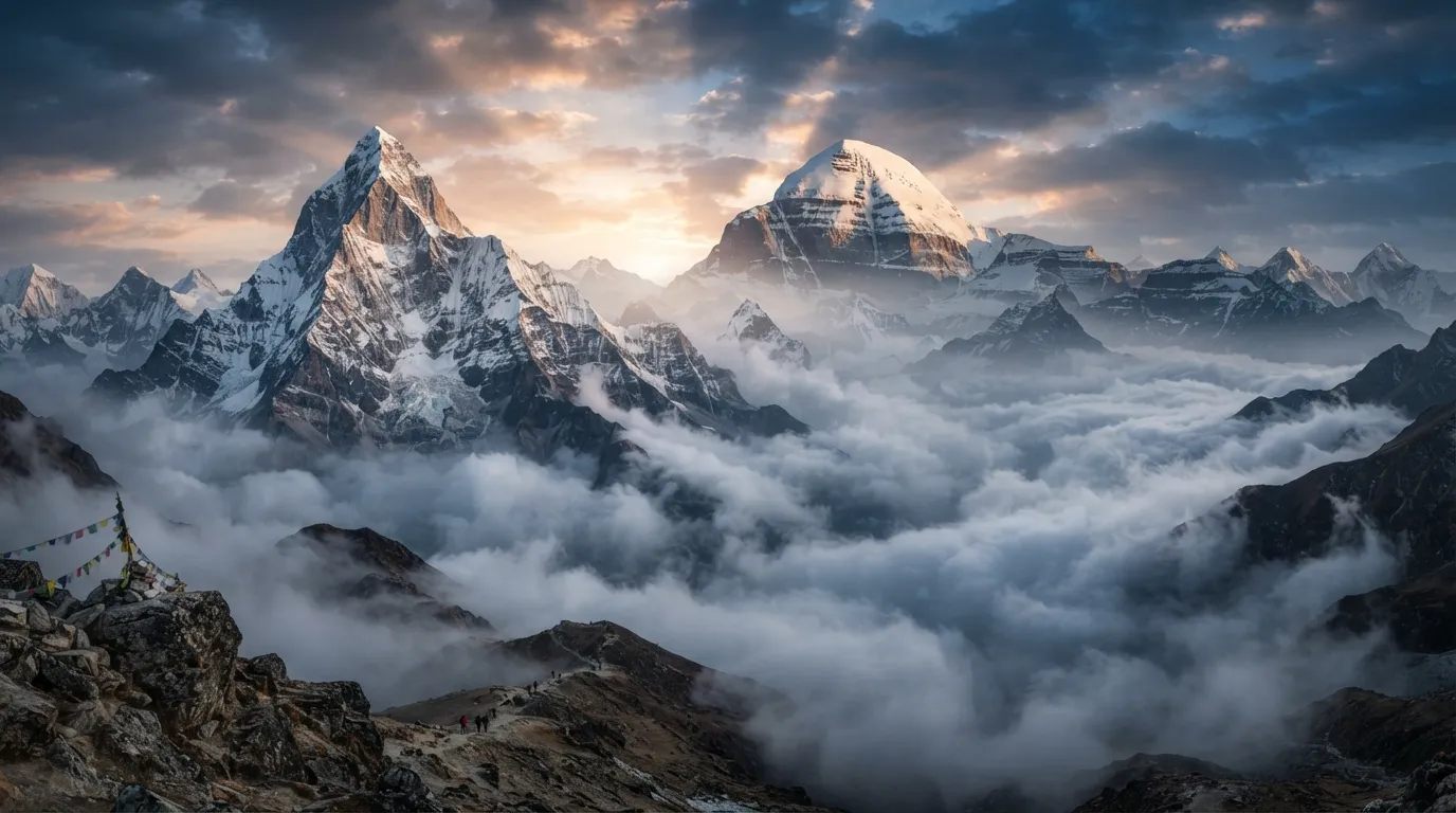 The enigmatic peaks of Shivling and Mount Kailash momentarily hidden by swirling clouds.