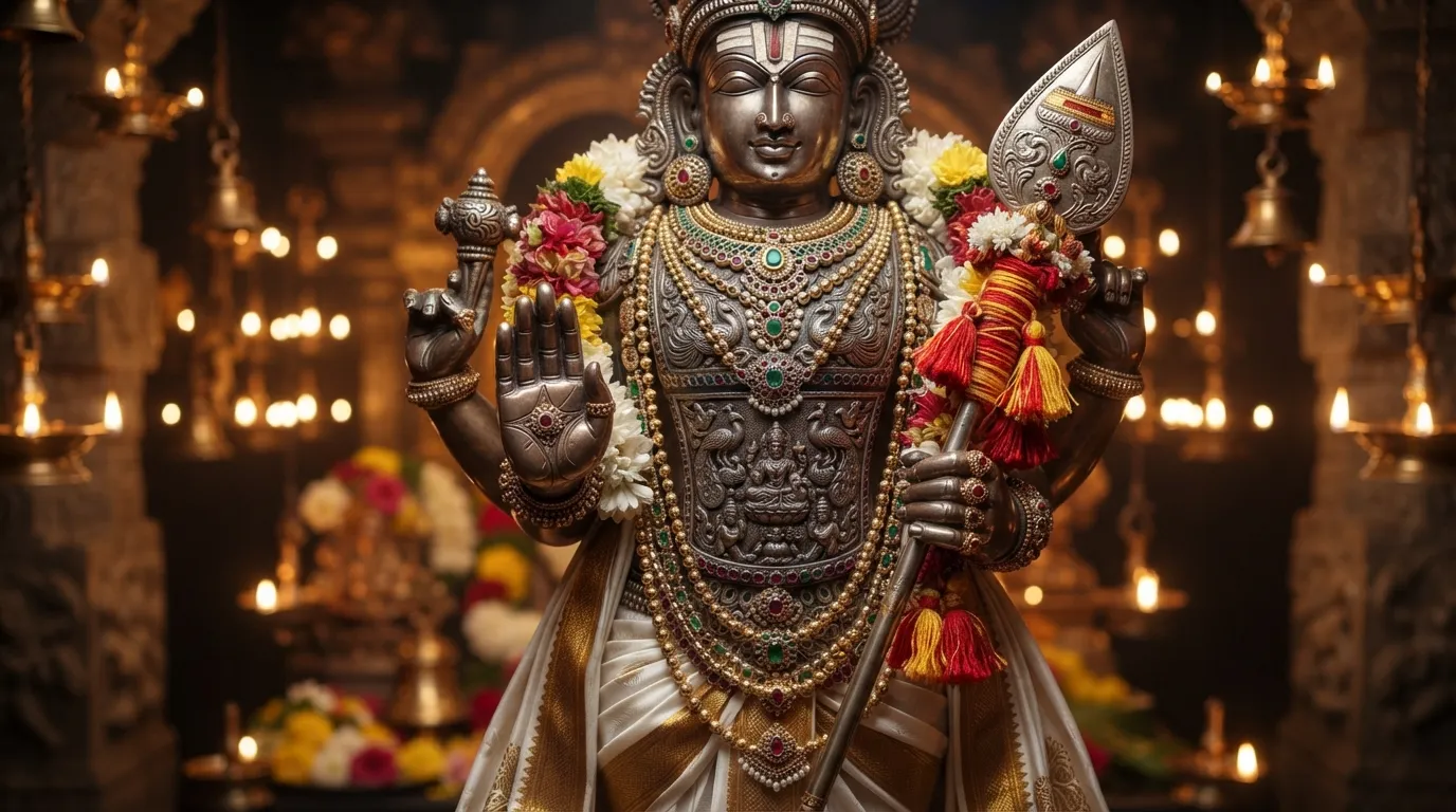 A close up shot of a standing Hindu deity holding a decorated ceremonial spear inside a brightly lit prayer hall.