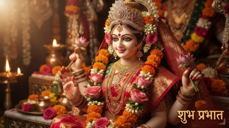 Close-up view of beautifully adorned Mata Rani idol with morning greetings.