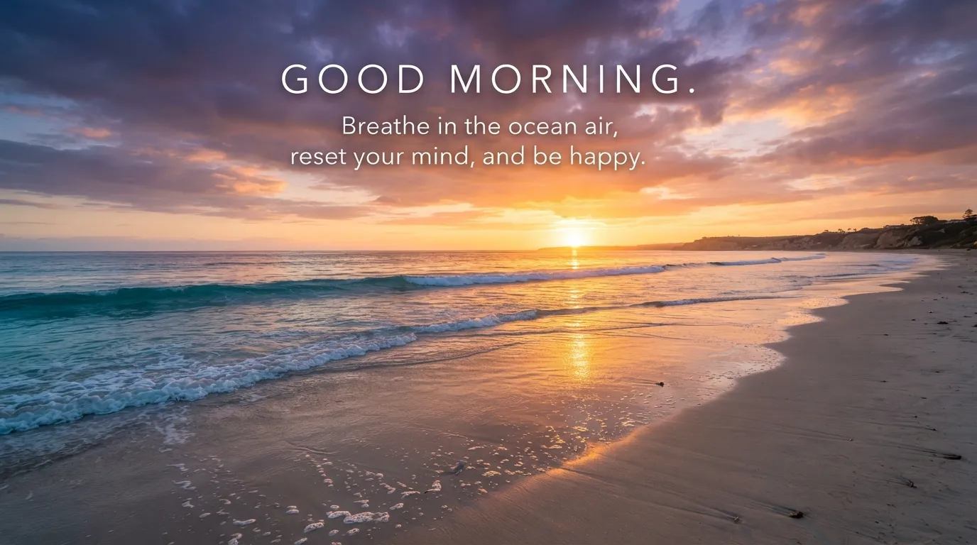 Ocean waves crashing gently on the sand during a golden sunrise with English quote.