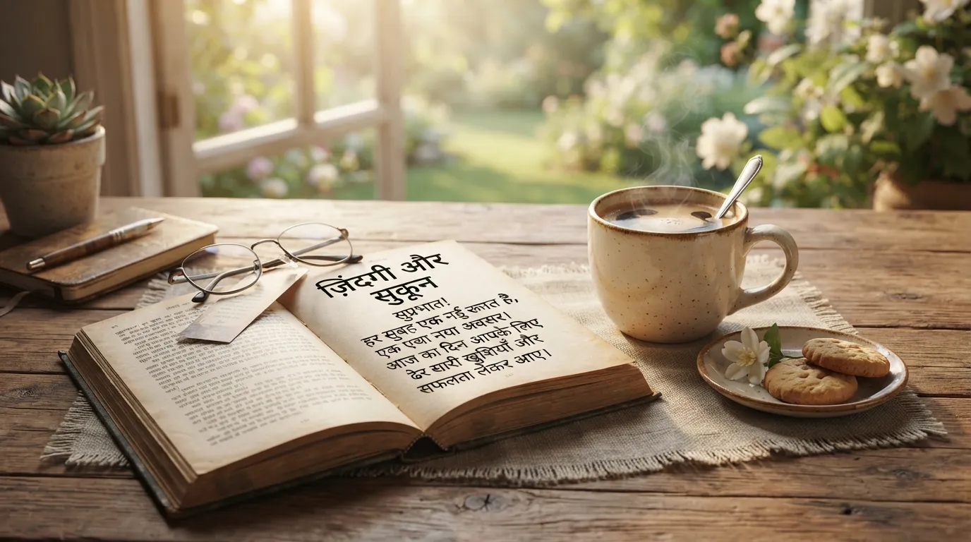 Coffee and book aesthetic good morning images with quotes in hindi.