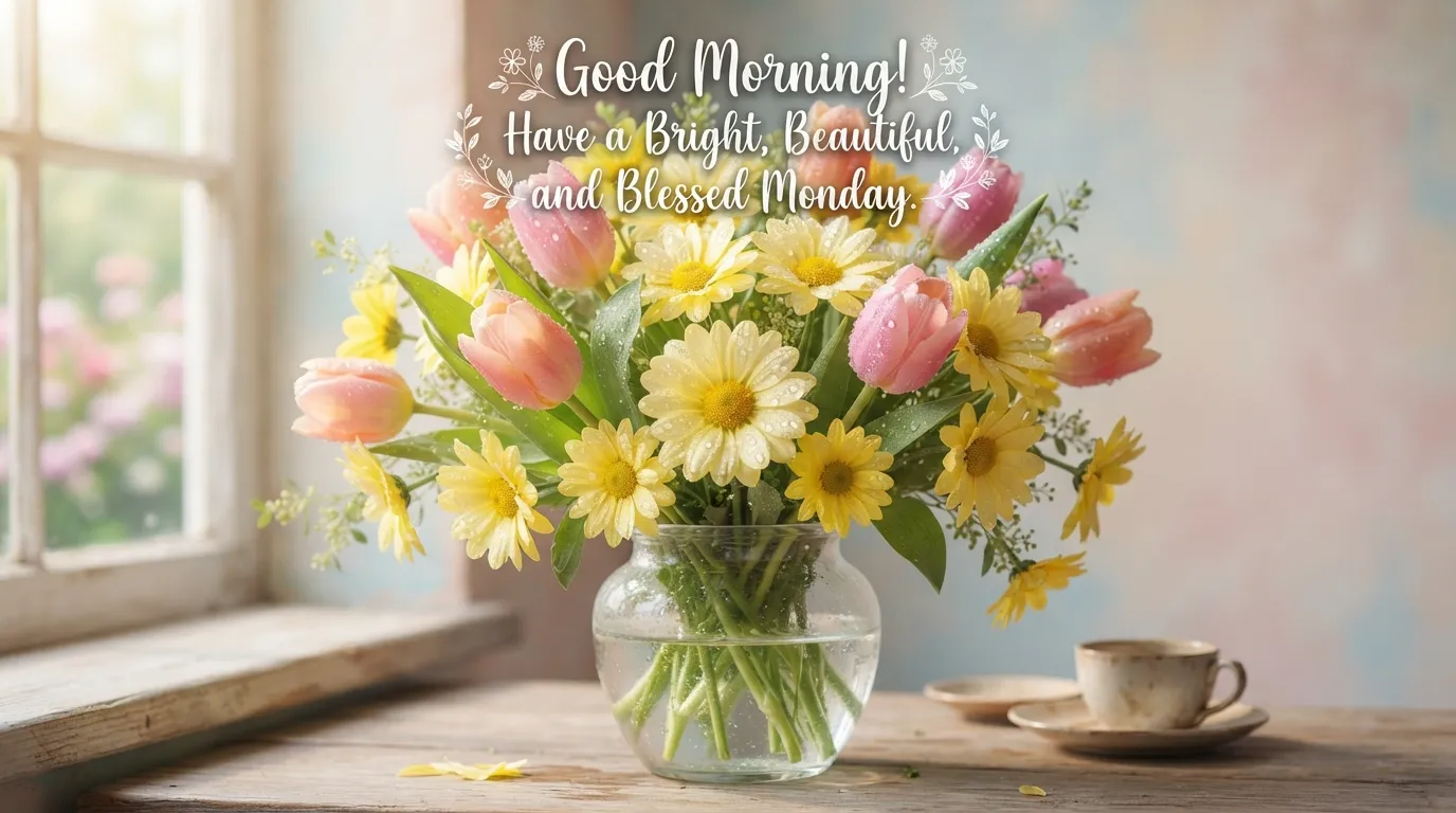 Vibrant yellow and pink flowers with a cheerful Monday morning quote.